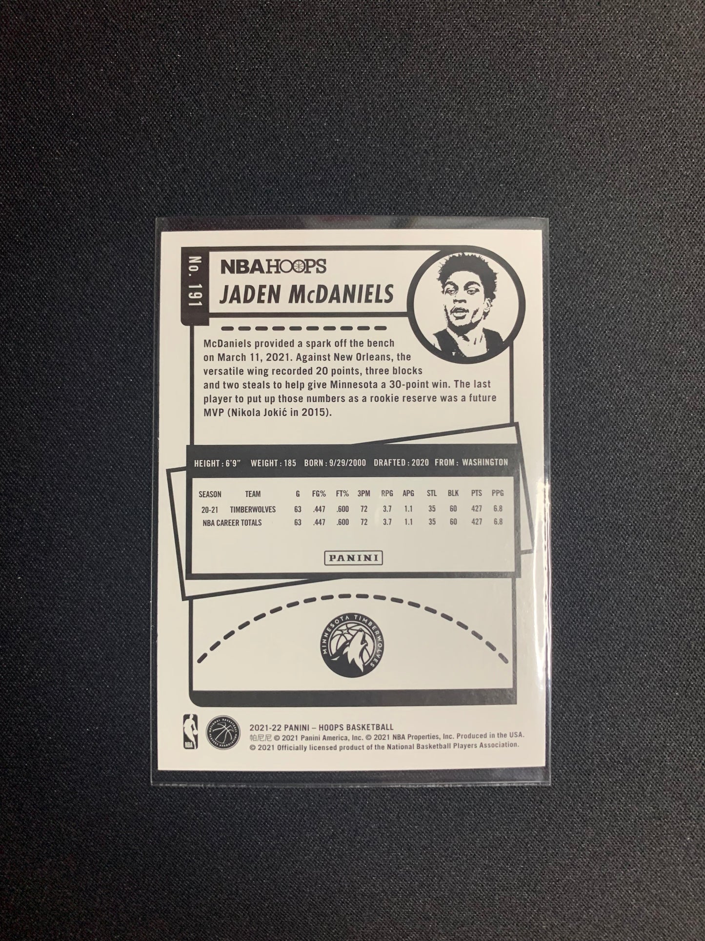 2021-22 Panini Hoops #191 Jaden McDaniels