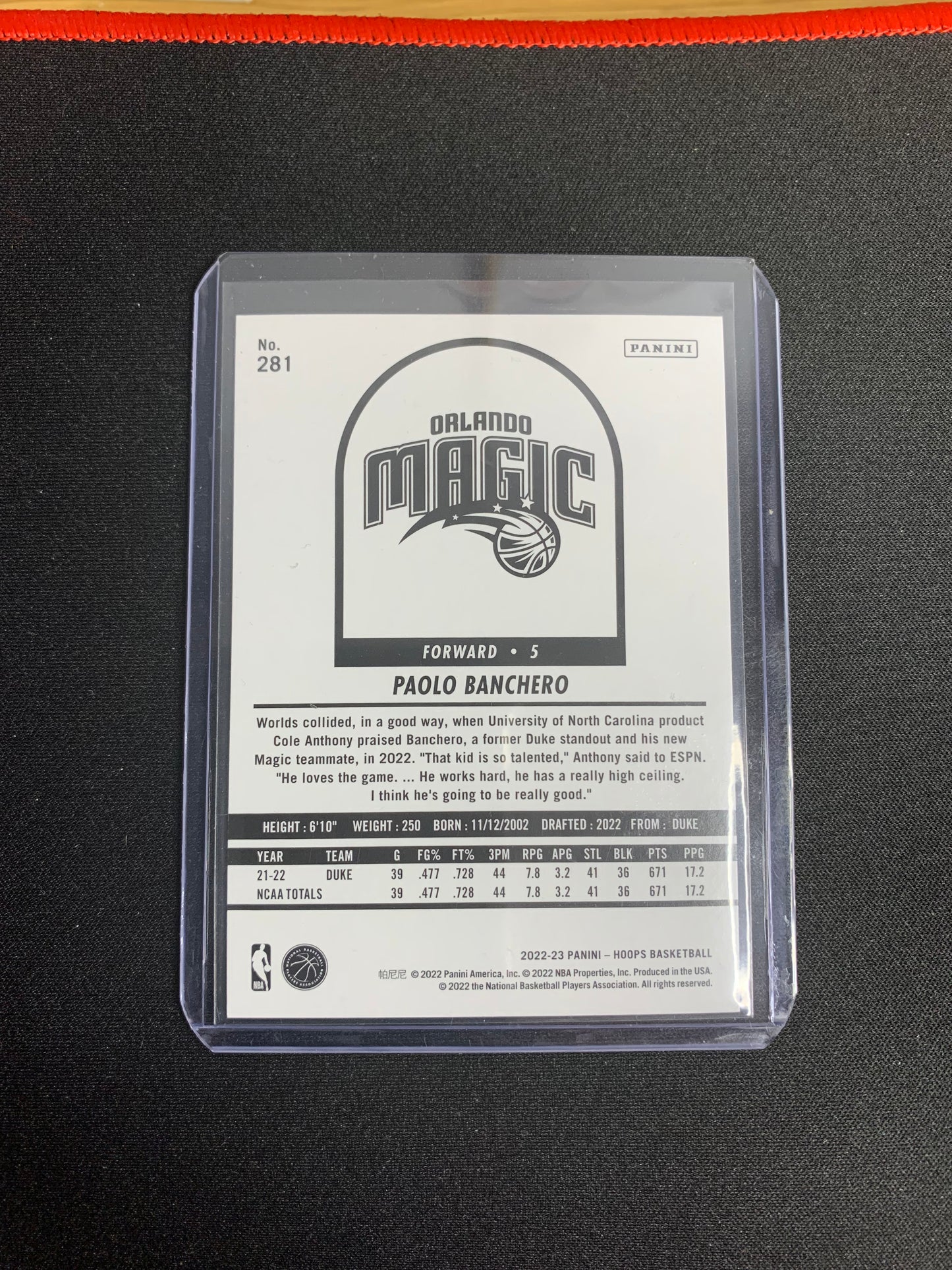 2022-23 Panini Hoops #281 Paolo Banchero