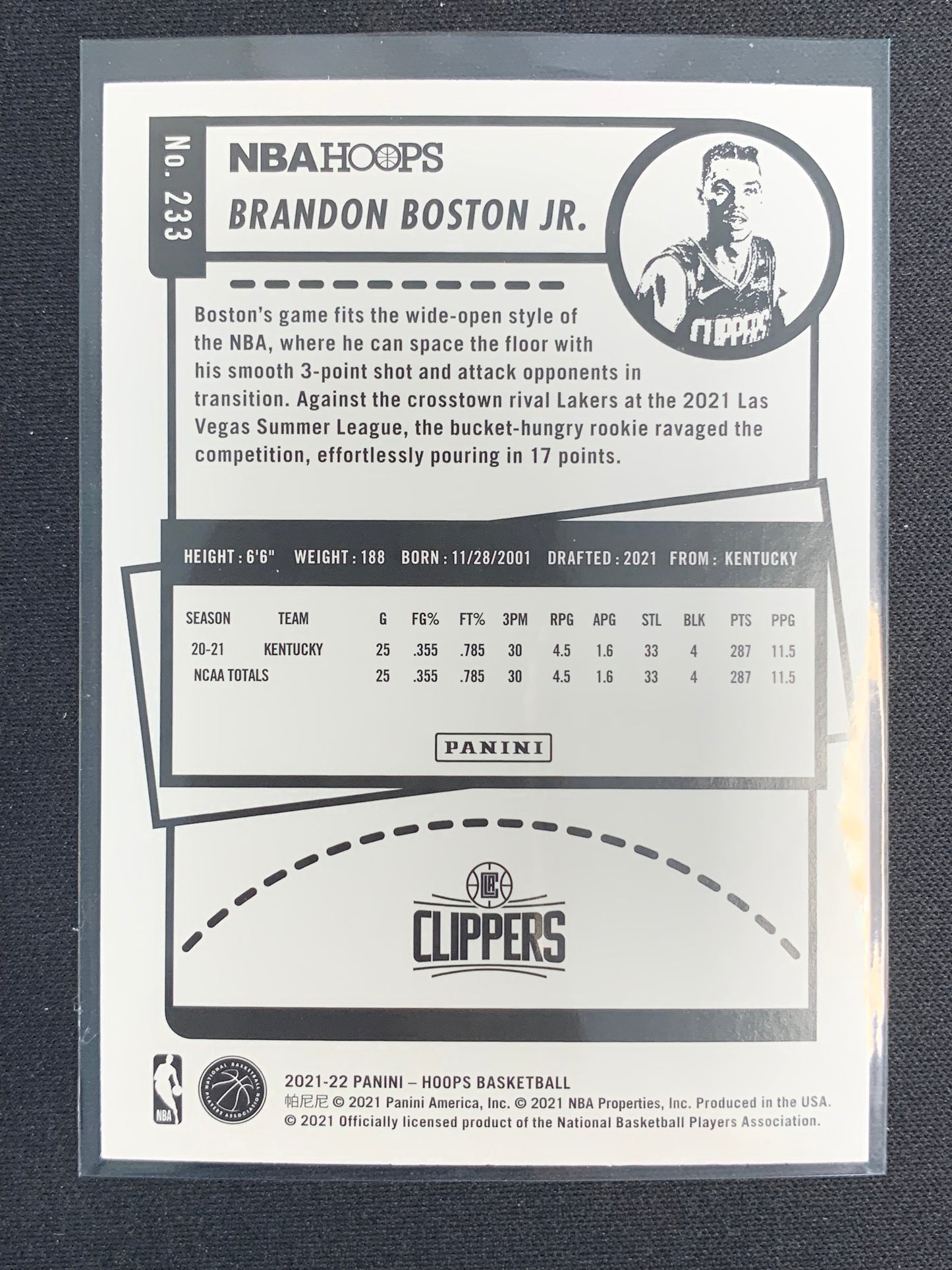 2021-22 Hoops #233 Brandon Boston Jr. [Rookie]